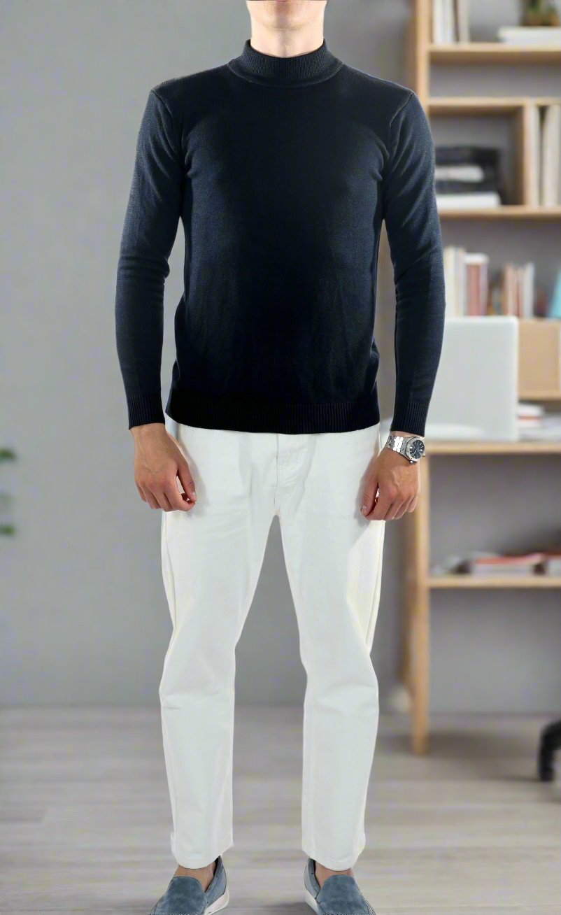 Herresweater - Slim Fit - Mock Neck - Let Strik med Ribkanter