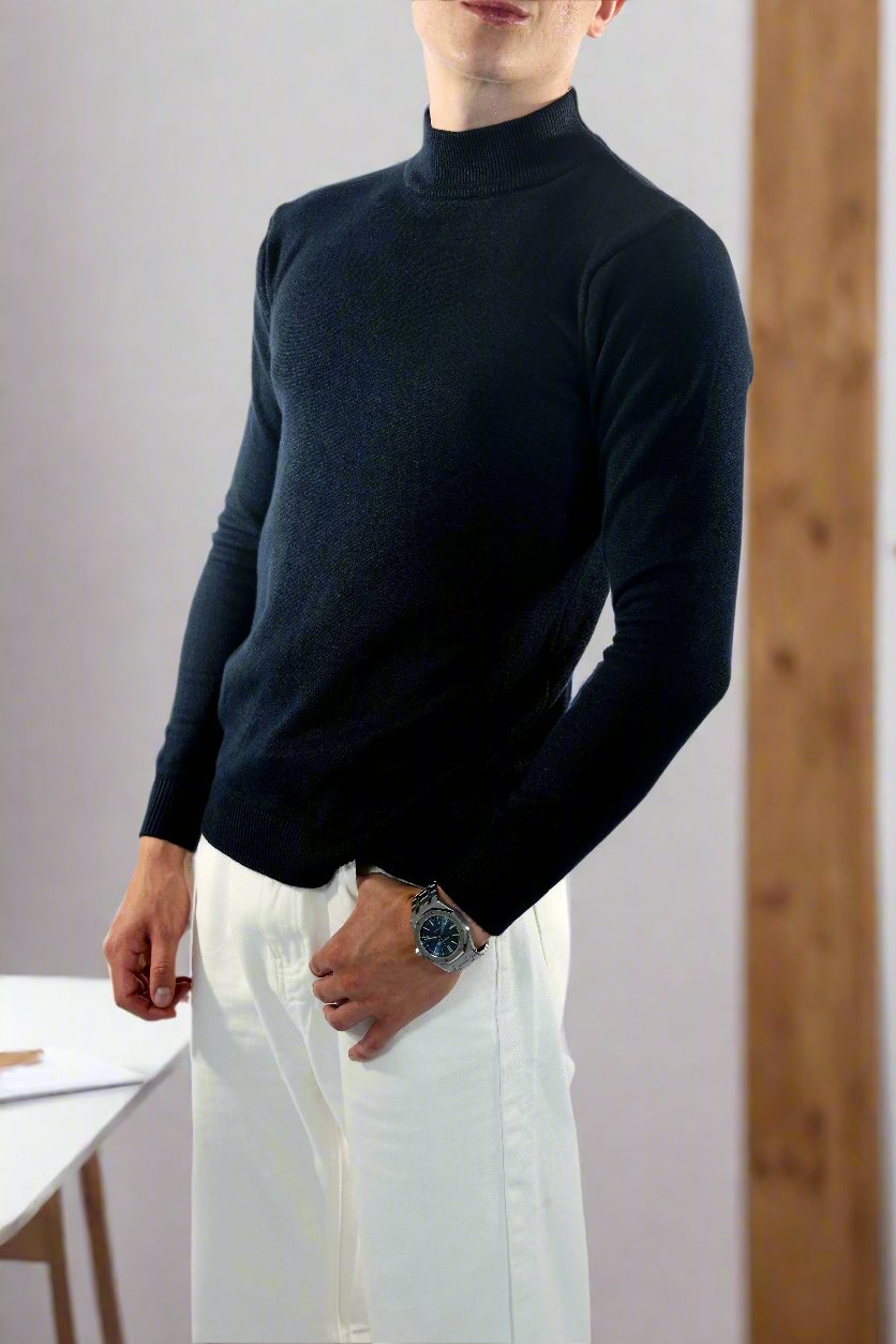 Herresweater - Slim Fit - Mock Neck - Let Strik med Ribkanter