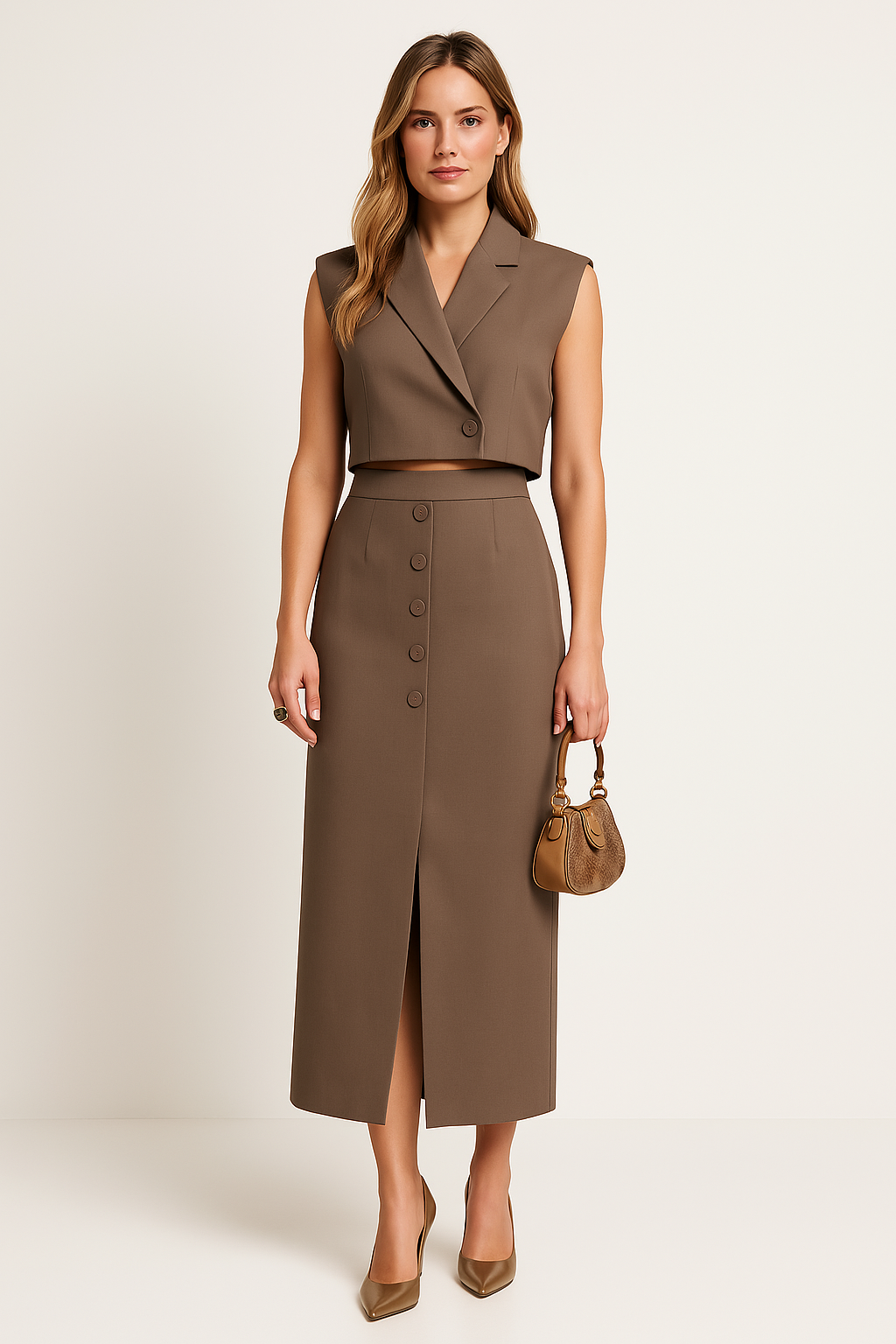 Dame Sæt – Skræddersyet Pasform – Ærmeløs Crop Top med Revers – Slids Midi Nederdel