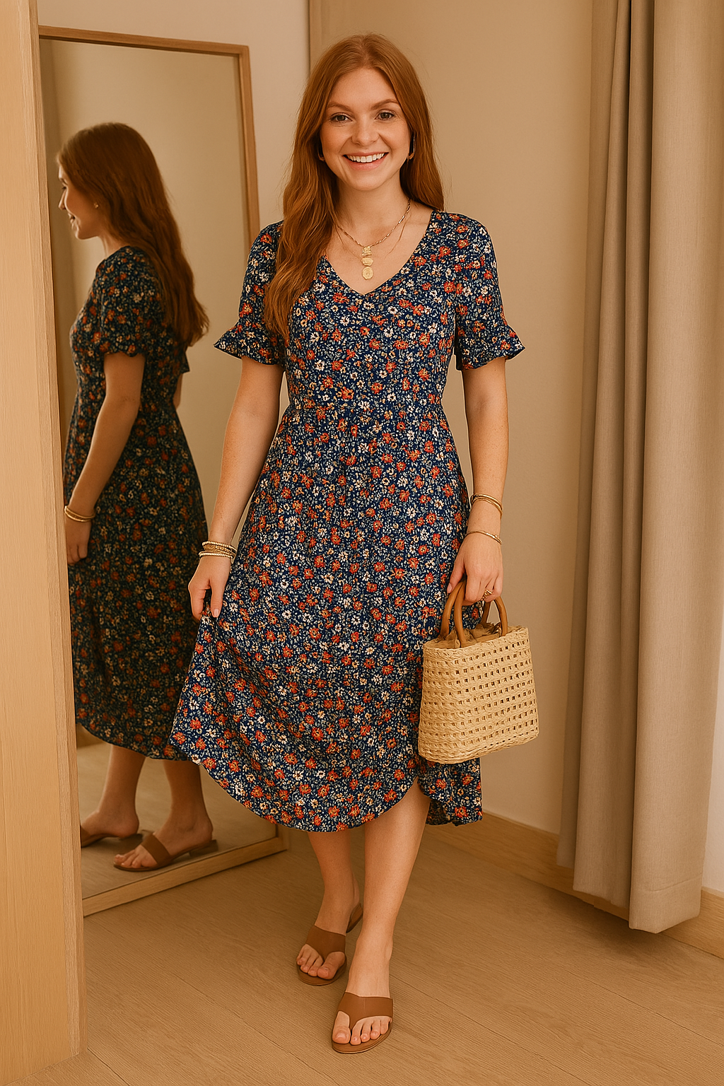 Women's Midi Dress – Relaxed Fit – V-Neck – Ruffle Sleeves – Lightweight and Breathable