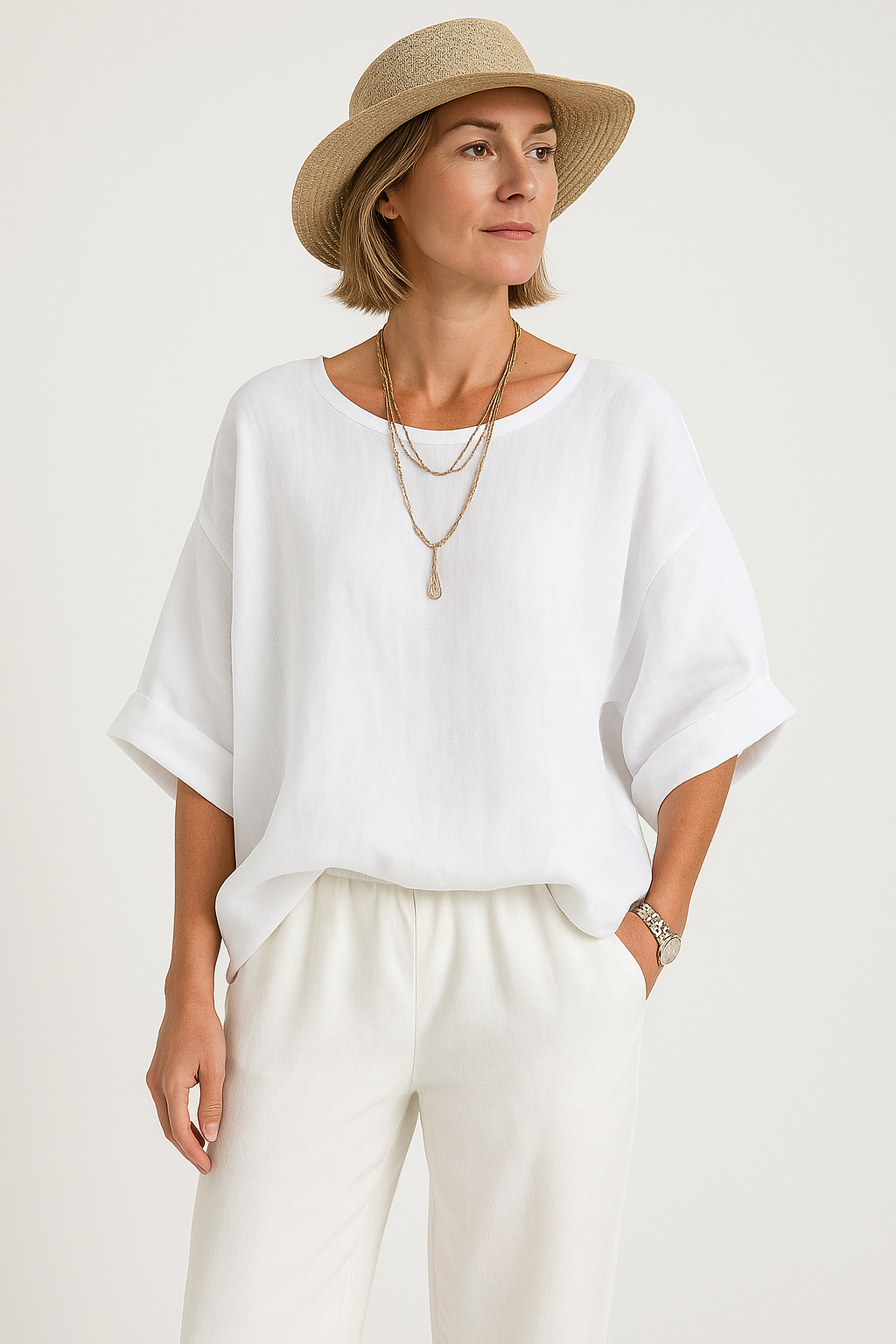 Damebluse – Oversize Pasform – Bomuld Hør – Rund Hals – Albuelange Ærmer