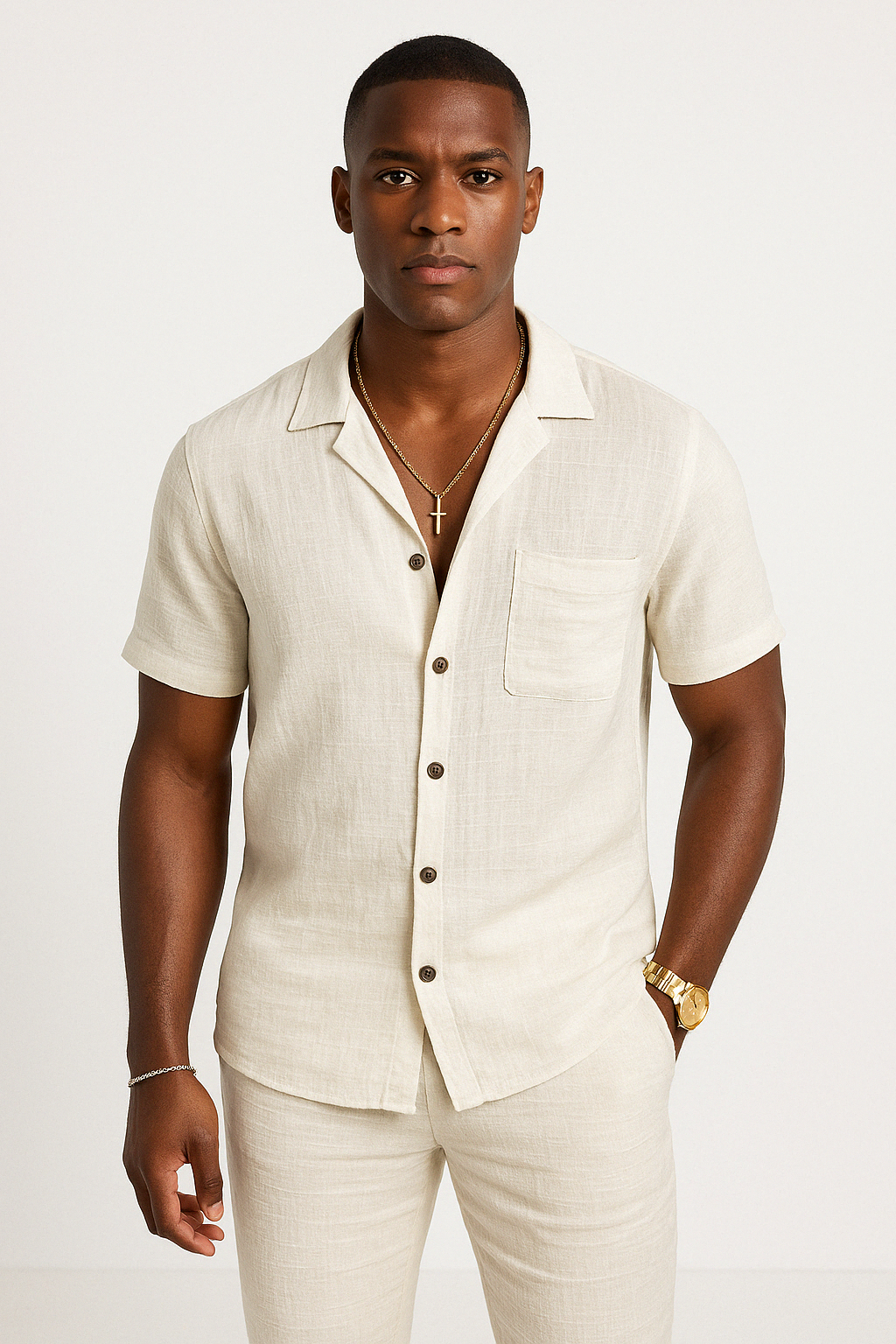 Men's Shirt – Relaxed Fit – Button Closure – Breathable Natural Material – Short Sleeve