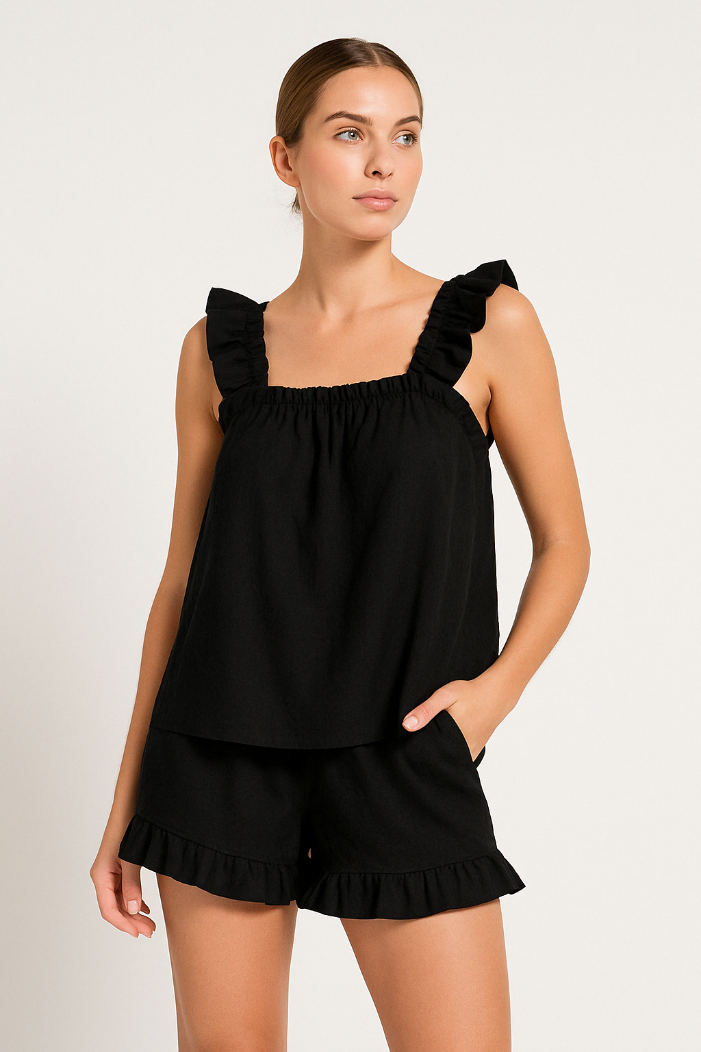 Women's Set with Top and Shorts – Sleeveless – Ruched Details – Relaxed Fit – Light and Breathable
