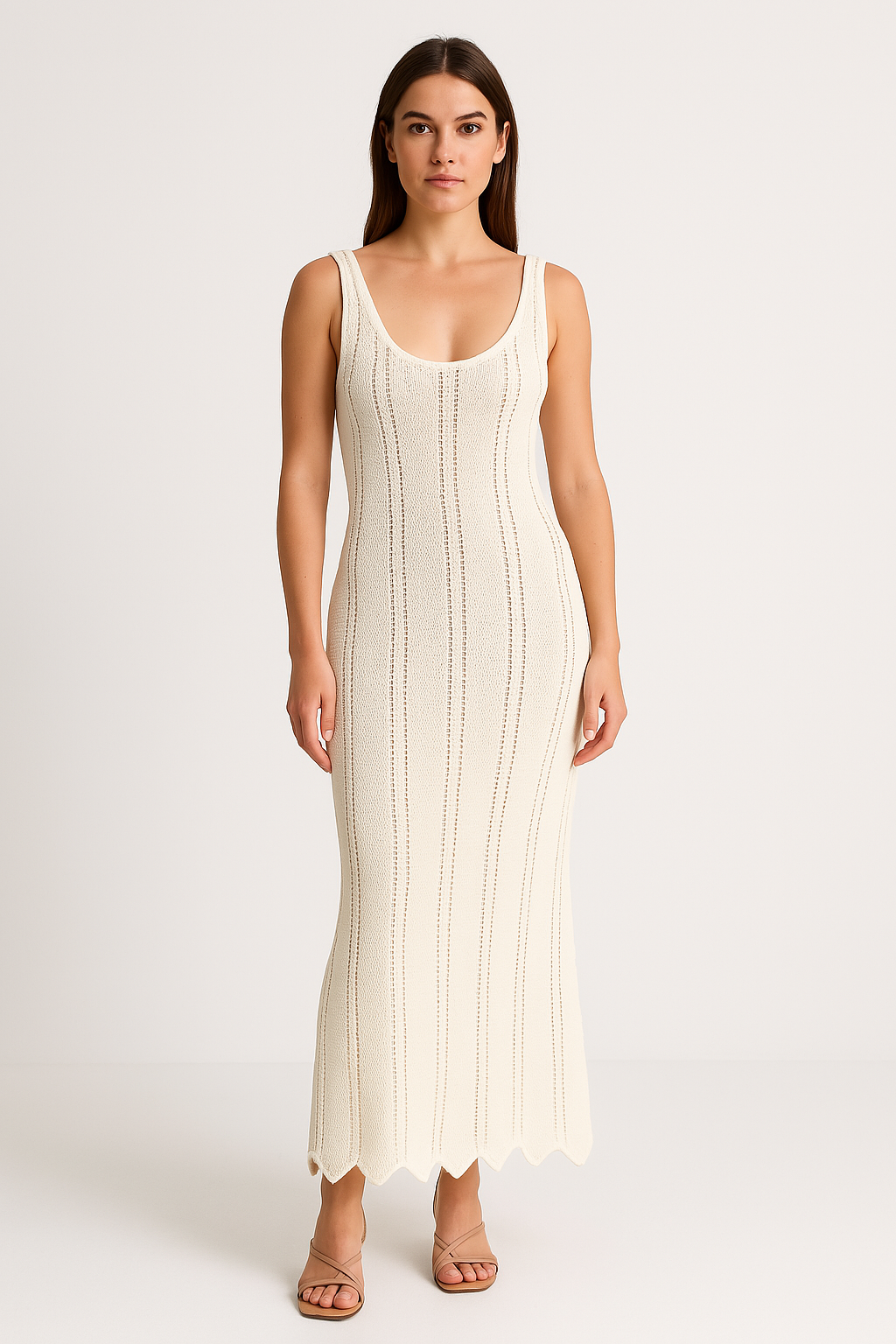 Dame Strikkjole – Bodycon Pasform – Ærmeløs – Rygfri – Ankel Lang – Ribstruktur