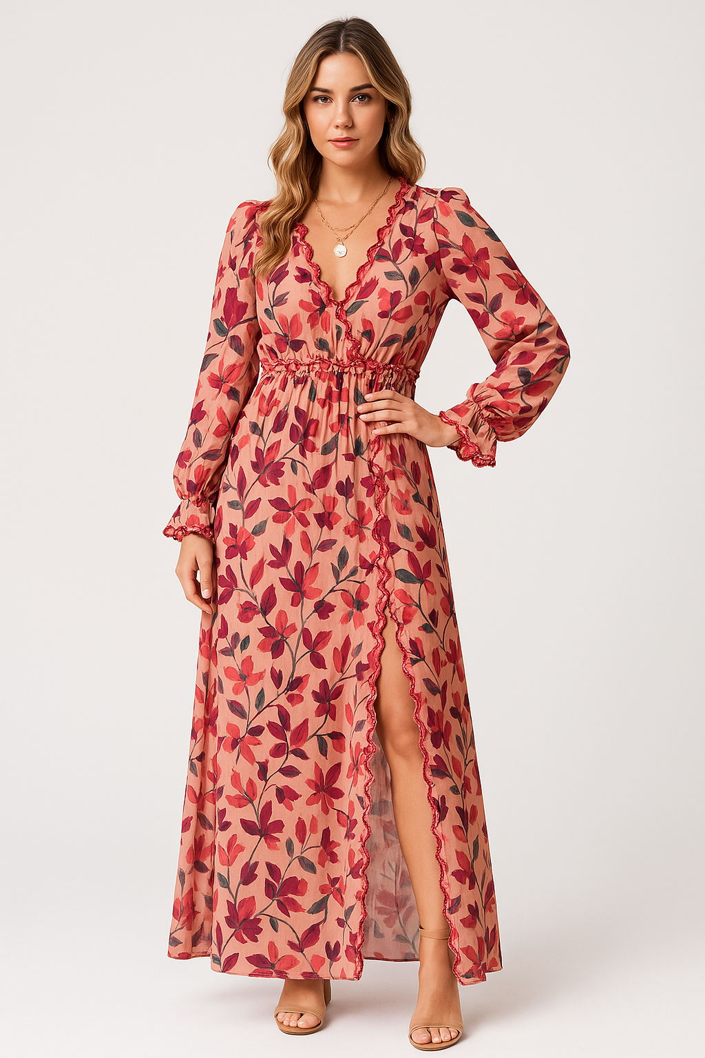 Dame Maxikjole – Chiffon – Boheme Pasform – V-udskæring – Lange Ærmer – Blomsterprint