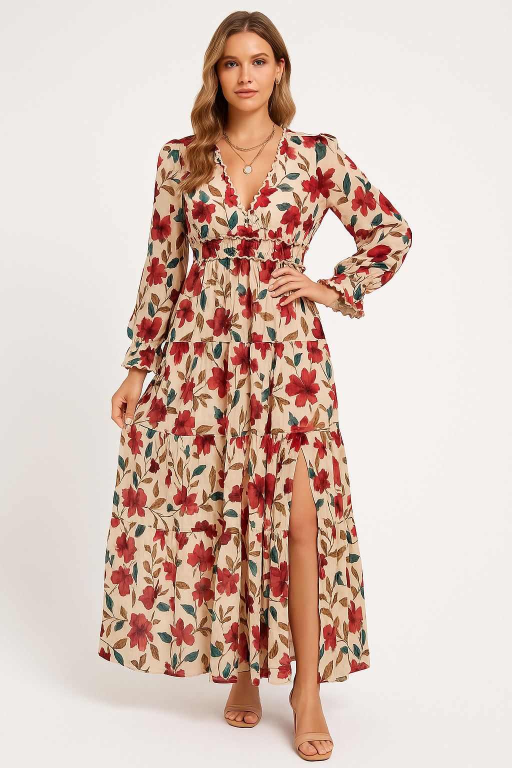 Dame Maxikjole – Chiffon – Boheme Pasform – V-udskæring – Lange Ærmer – Blomsterprint