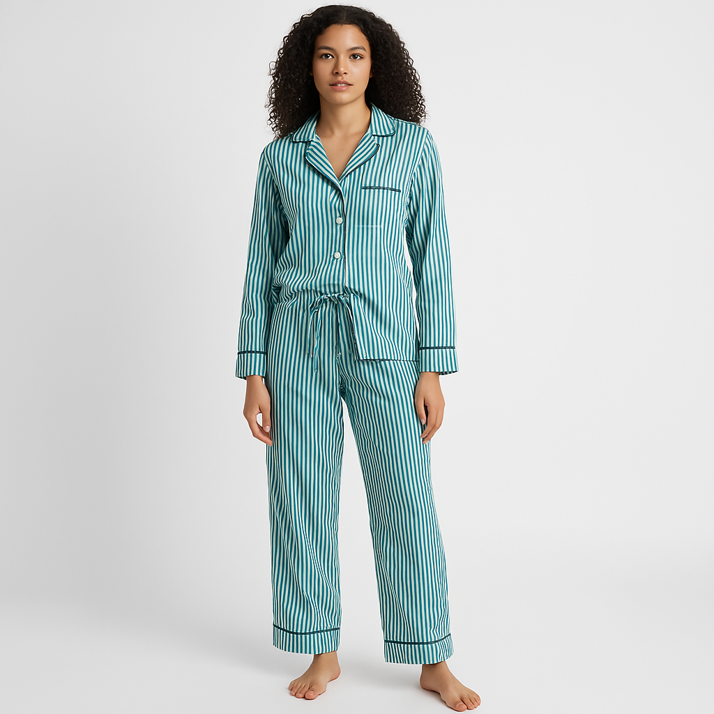 Dame Loungewear Sæt – Bomuldsblanding – Afslappet Pasform – Stribet – Knaplukning – Snøre i Taljen