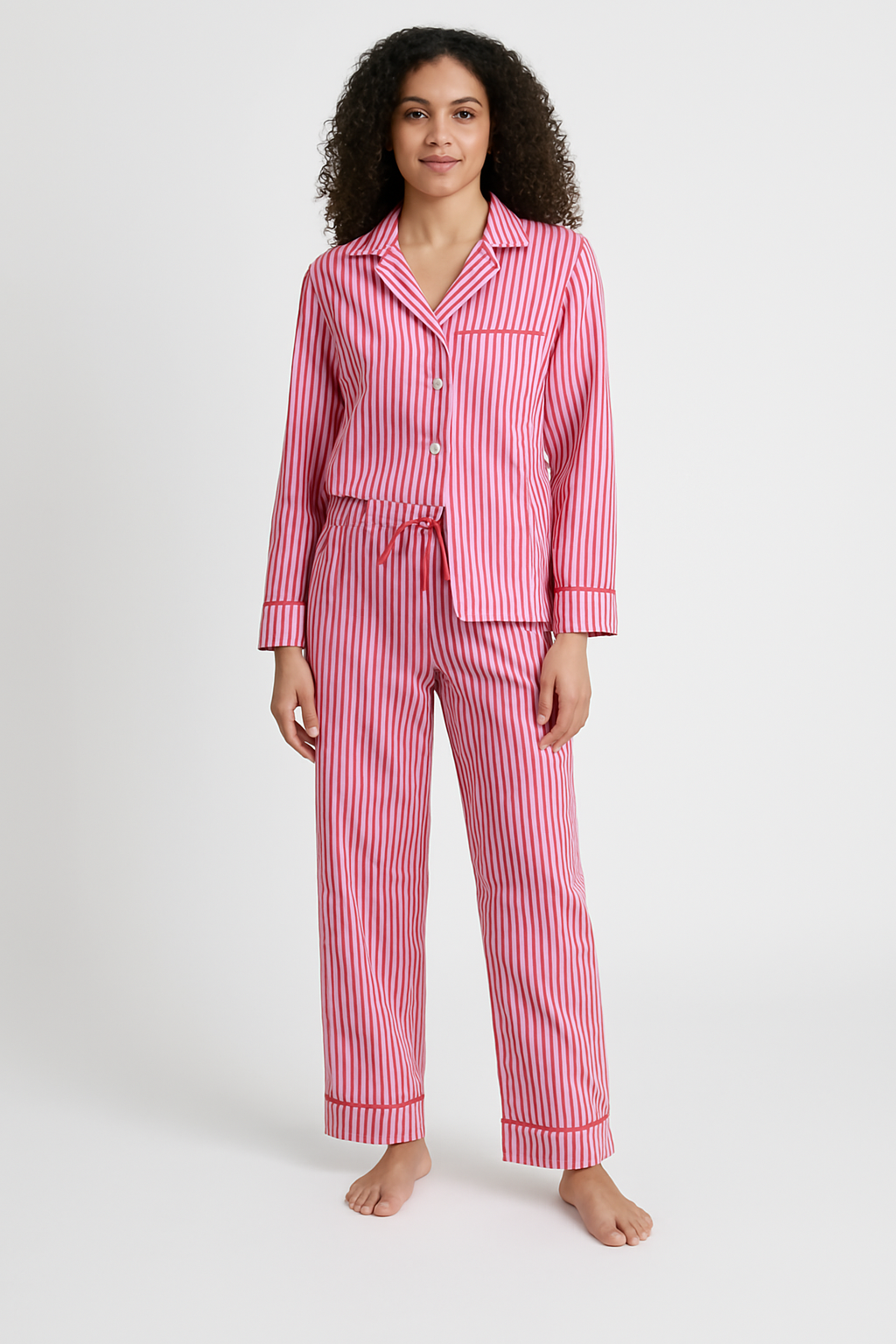 Dame Loungewear Sæt – Bomuldsblanding – Afslappet Pasform – Stribet – Knaplukning – Snøre i Taljen