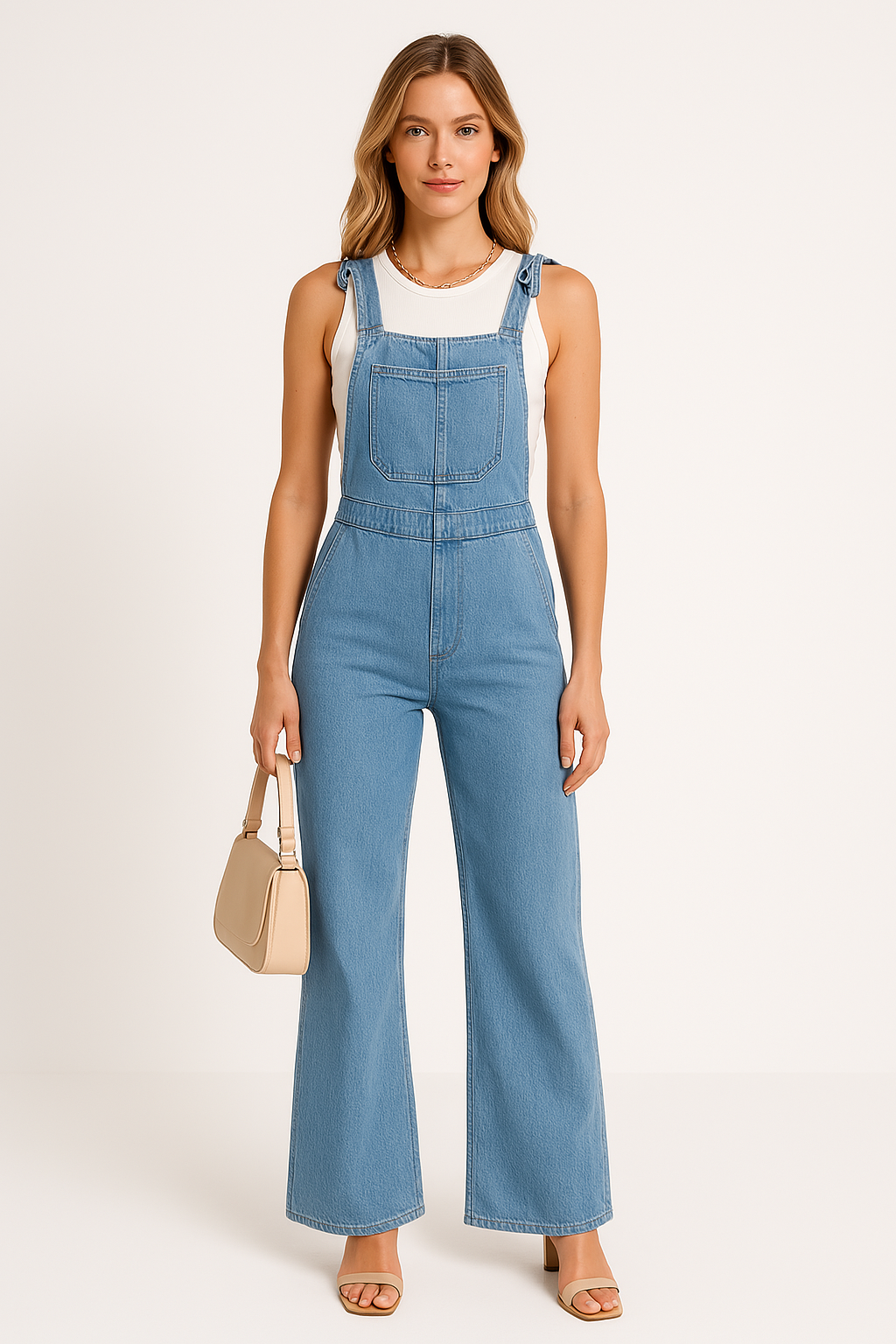 Dame Jumpsuit i Denim – Afslappet Pasform – Justerbare Stropper – Vide Ben – Lommer