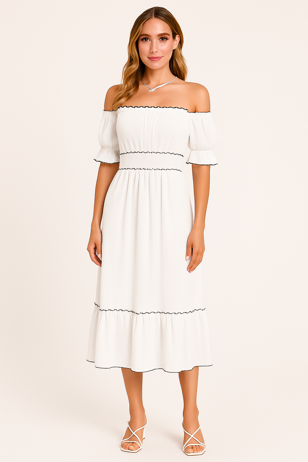 Dame Midikjole – Off-Shoulder – Bomuldsblanding – Rynket Flæsekant – Boho Pasform
