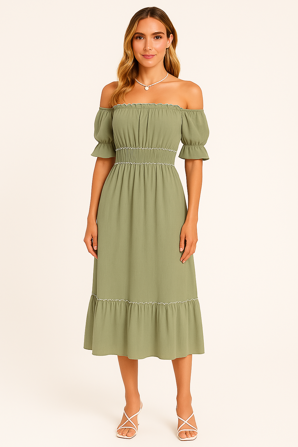 Dame Midikjole – Off-Shoulder – Bomuldsblanding – Rynket Flæsekant – Boho Pasform