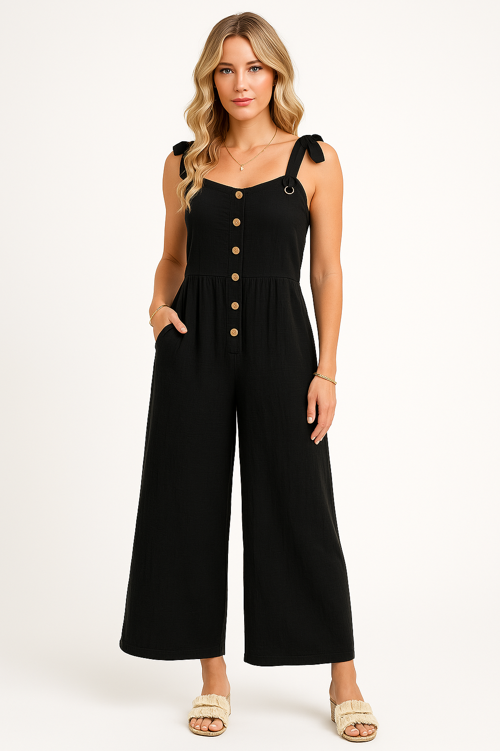 Dame Jumpsuit – Let Bomuldsblanding – Vidde Ben – Knaplukning – Afslappet Pasform