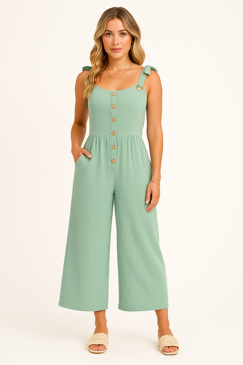 Dame Jumpsuit – Let Bomuldsblanding – Vidde Ben – Knaplukning – Afslappet Pasform