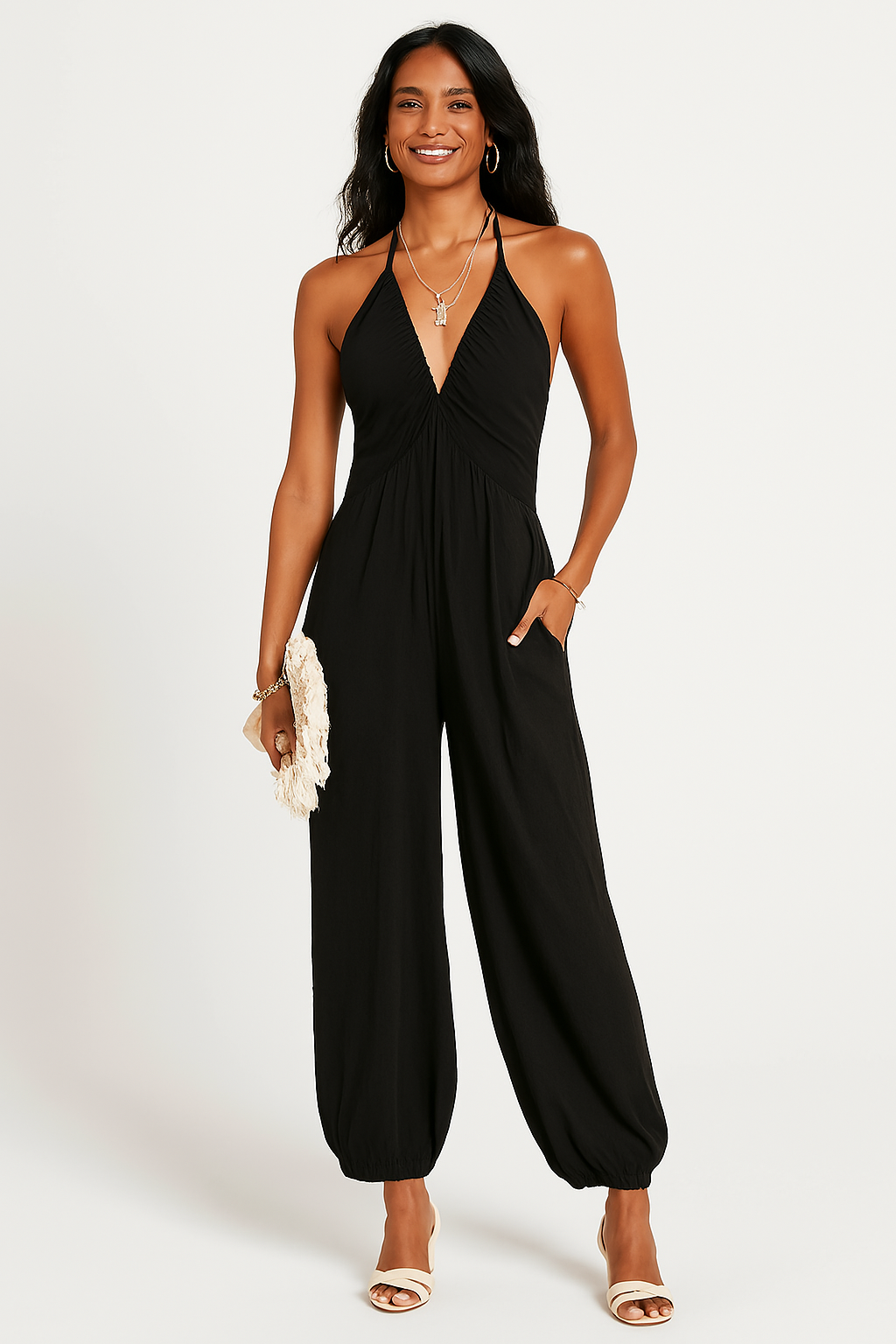 Dame Jumpsuit – Ærmeløs Halterneck – Dyb V-Hals – Afslappet Pasform – Taperet Ben – Lommer