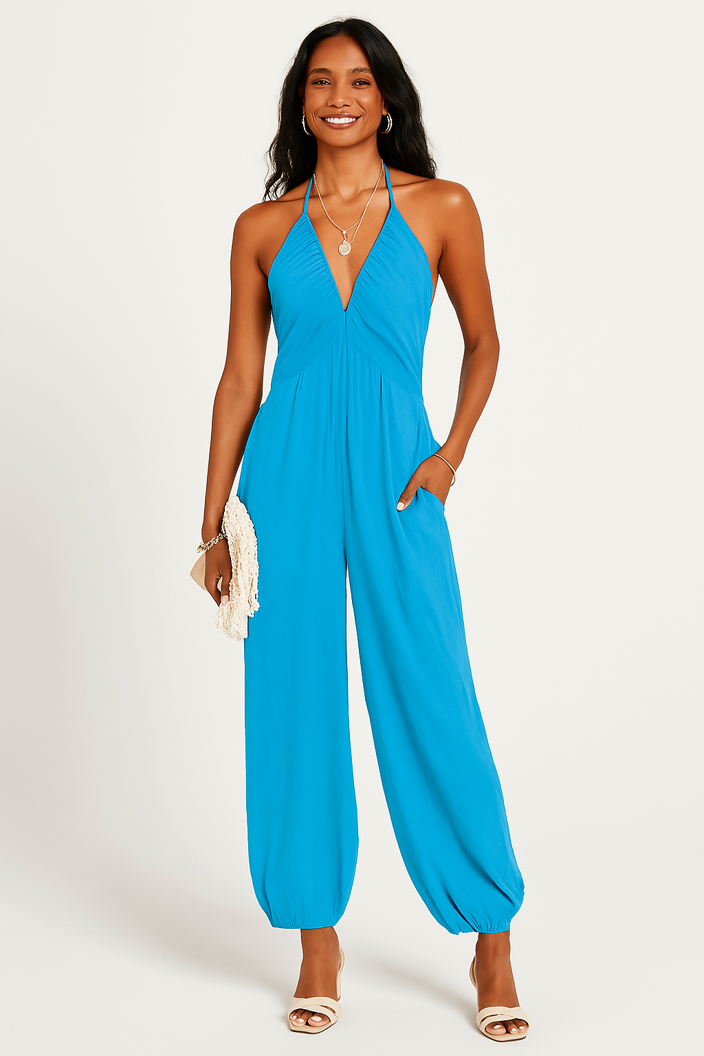 Dame Jumpsuit – Ærmeløs Halterneck – Dyb V-Hals – Afslappet Pasform – Taperet Ben – Lommer