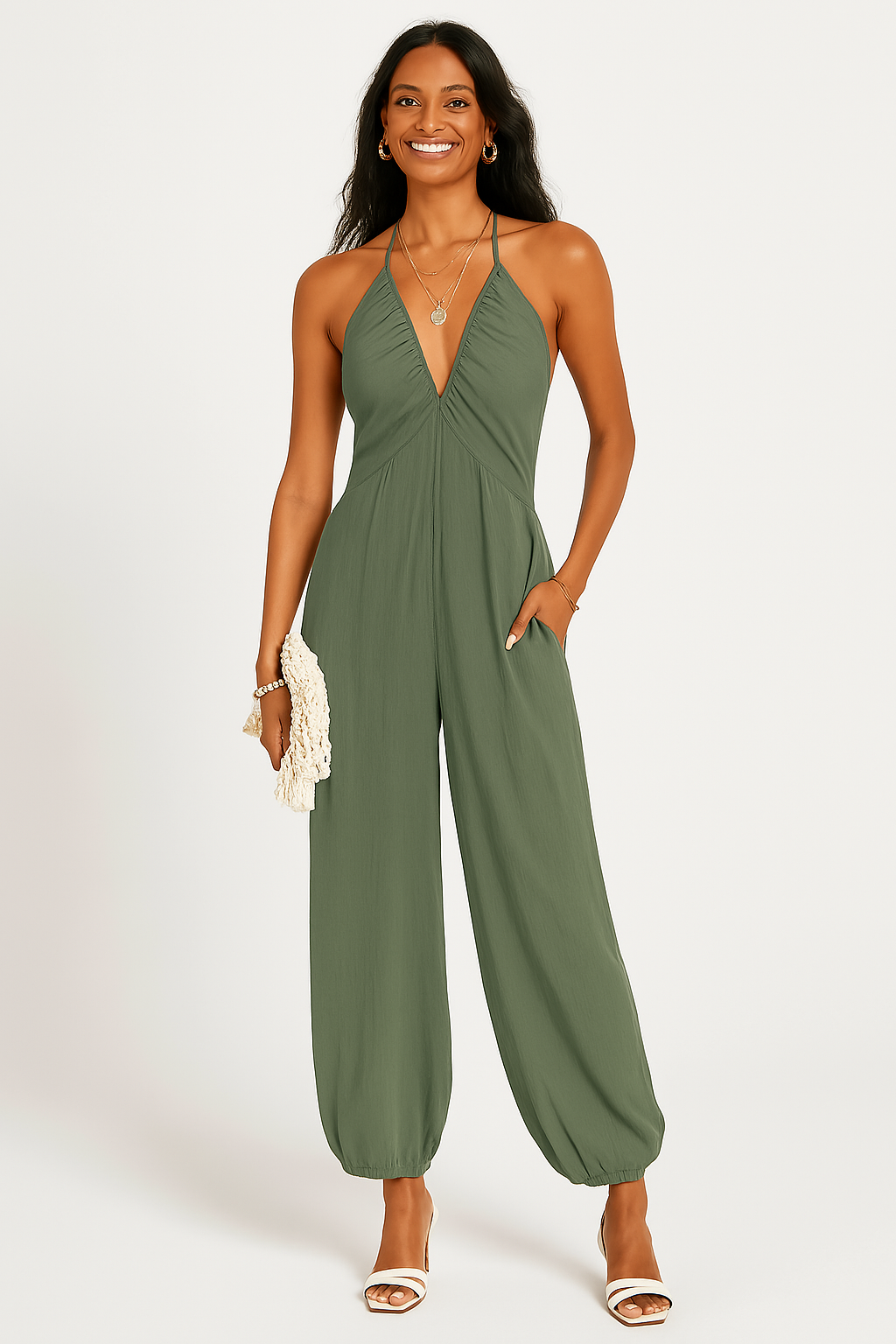 Dame Jumpsuit – Ærmeløs Halterneck – Dyb V-Hals – Afslappet Pasform – Taperet Ben – Lommer