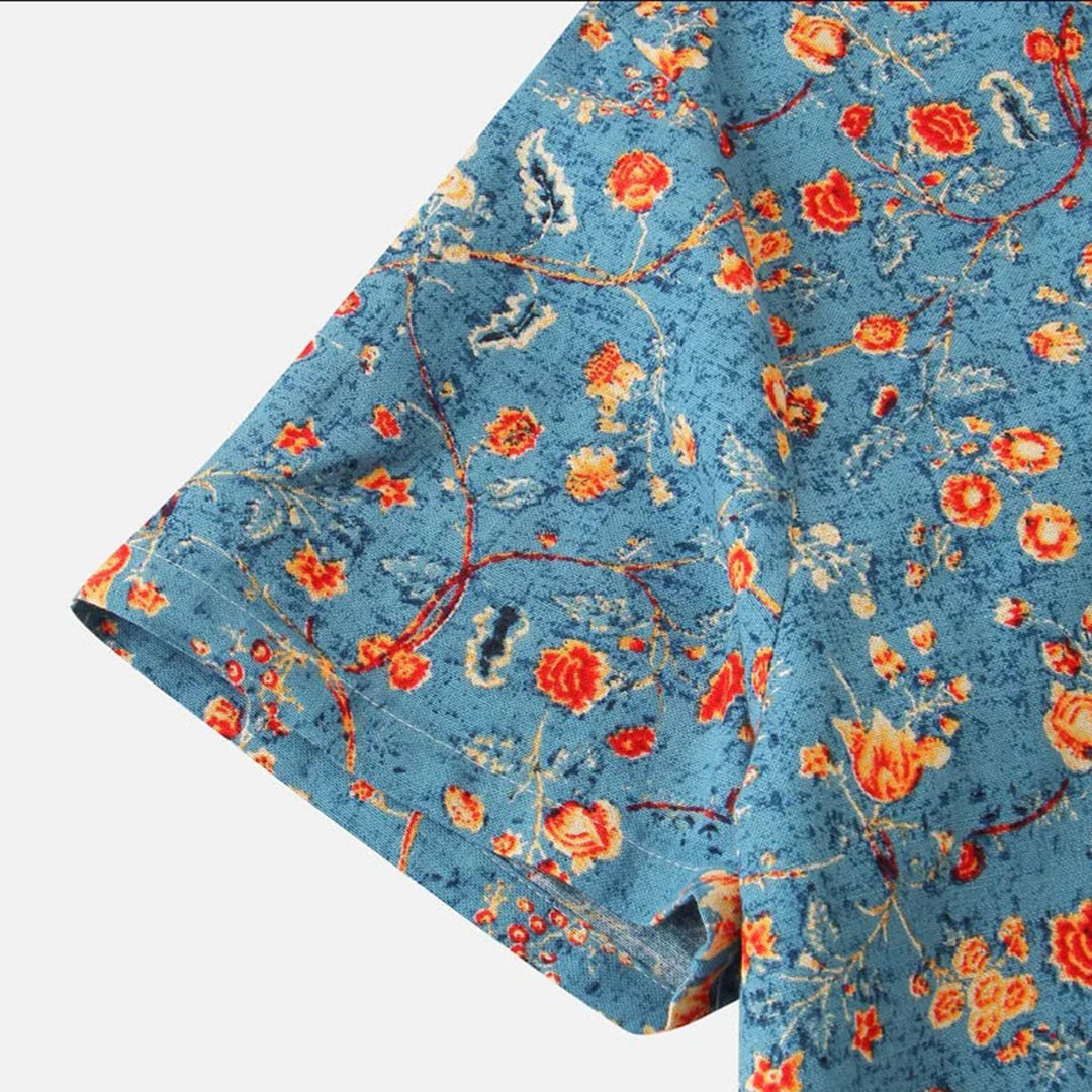 Men's Shirt - Short-Sleeved Relaxed Fit - Floral Print - Mandarin Collar