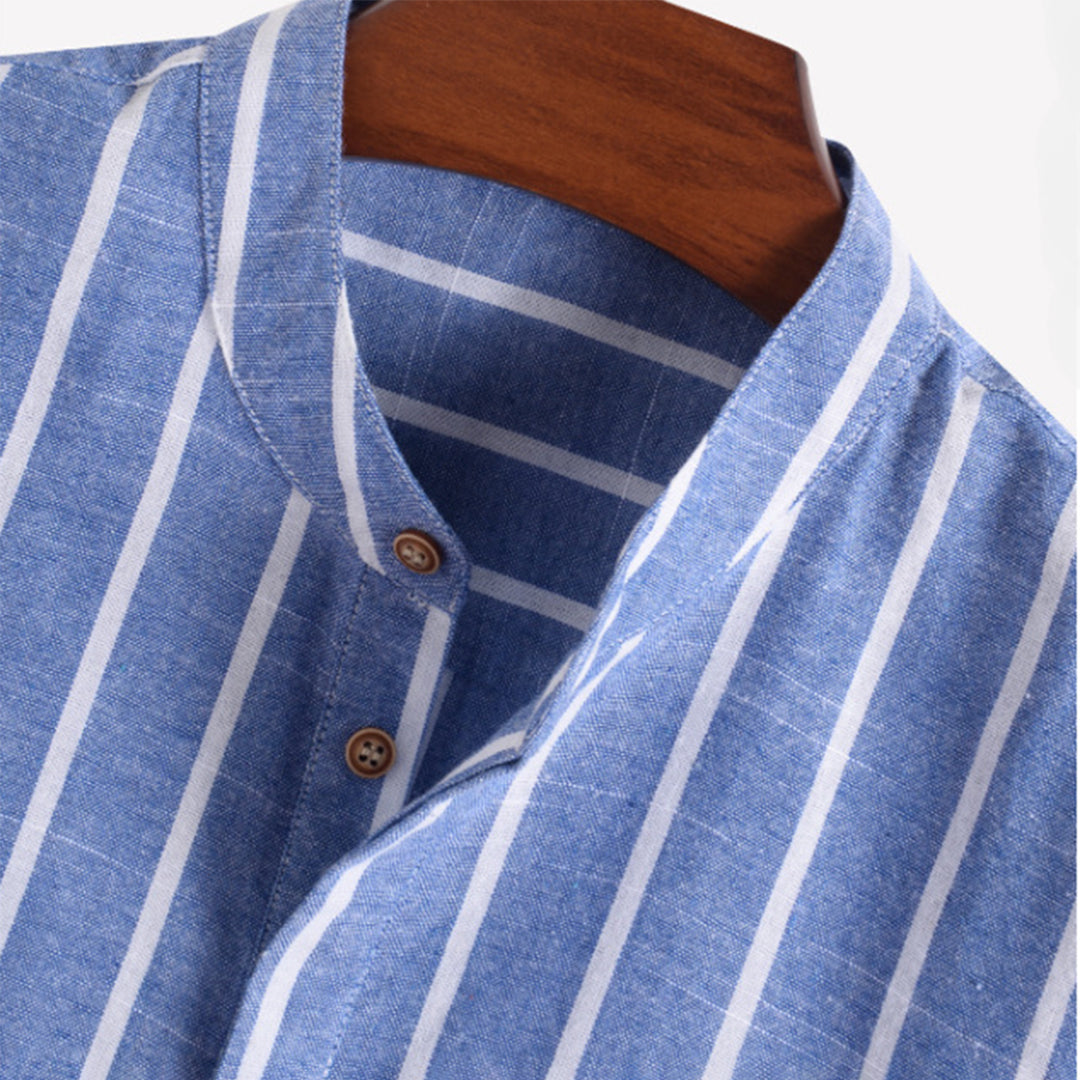 Men's Shirt - Striped - Short Sleeves - Mandarin Collar - Light and Breathable