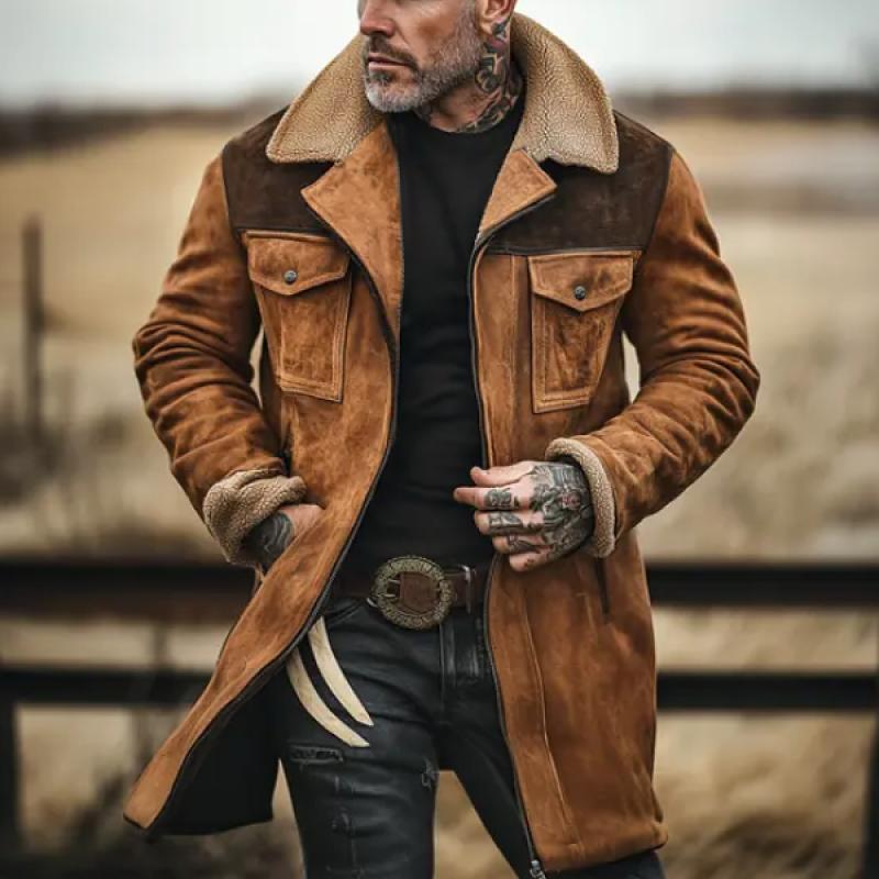 Men's Shearling Coat - Warm Lined - Structured Fit - Turndown Collar - Practical Pockets