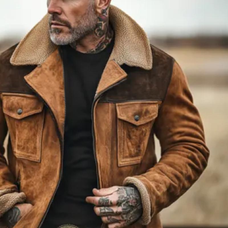 Men's Shearling Coat - Warm Lined - Structured Fit - Turndown Collar - Practical Pockets