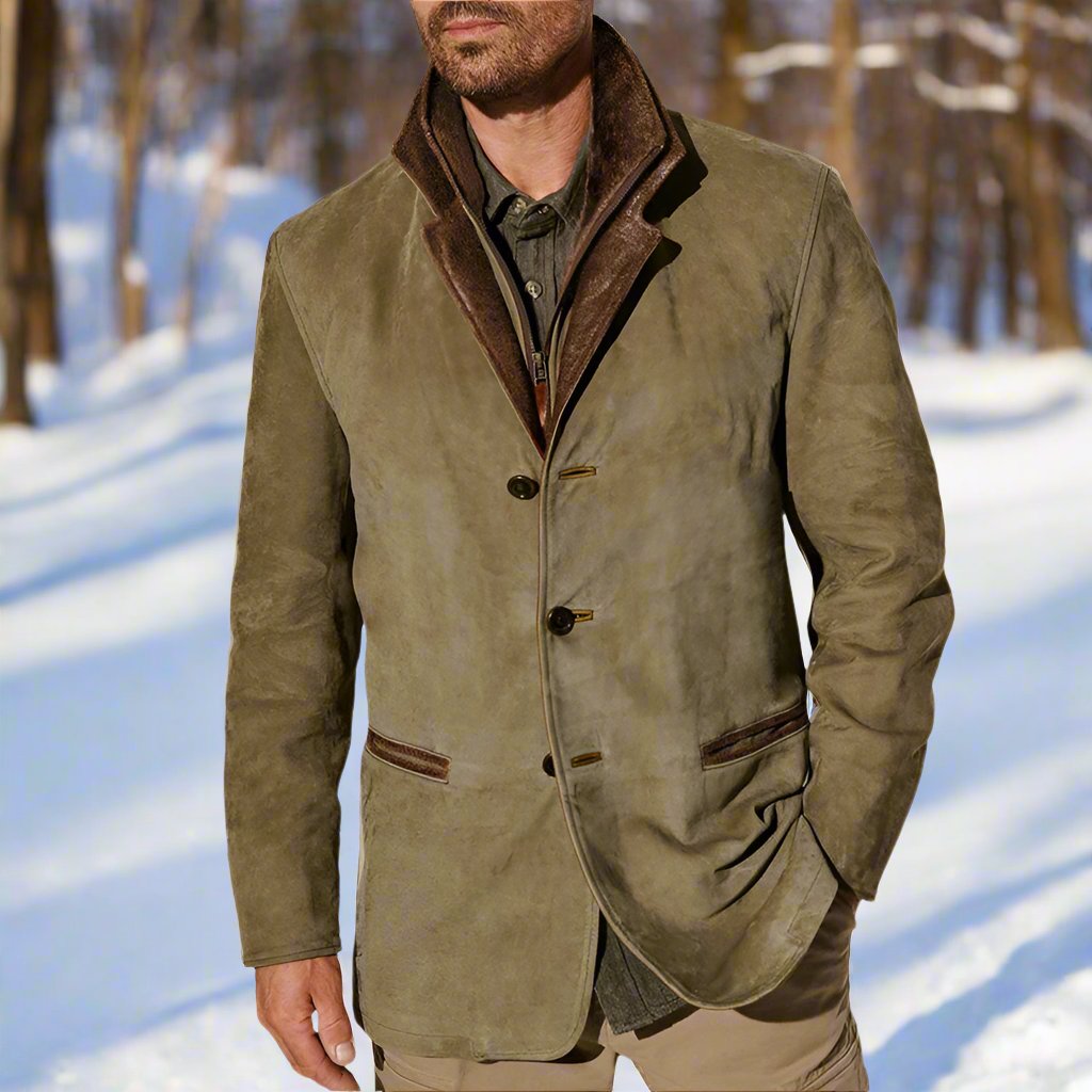 Men's Jacket - Elegant Suede Look with Leather Details - Tailored Fit - Single-Breasted Design