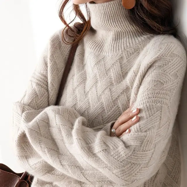 Women's Turtleneck Sweater - Cable Knit - Soft Wool Blend - Loose Fit