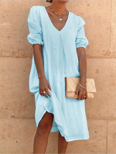 Women's Midi Dress – Relaxed Fit – V-Neck – Puff Sleeves – Light and Breathable
