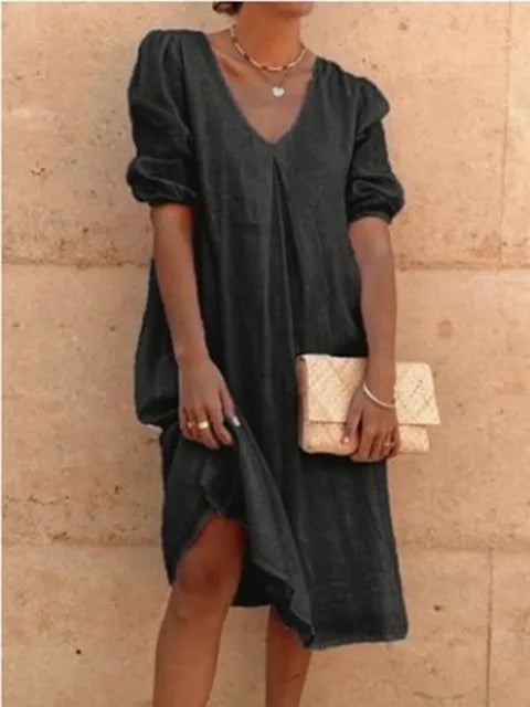Women's Midi Dress – Relaxed Fit – V-Neck – Puff Sleeves – Light and Breathable