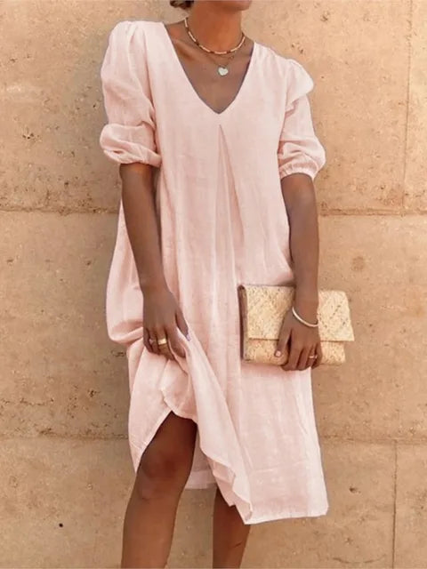 Women's Midi Dress – Relaxed Fit – V-Neck – Puff Sleeves – Light and Breathable