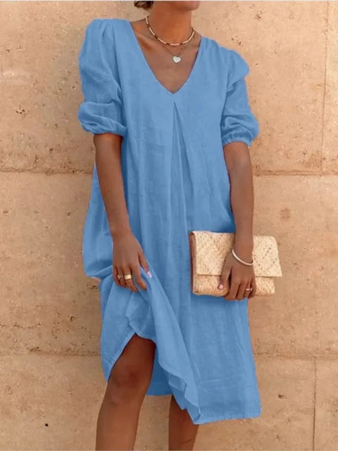 Women's Midi Dress – Relaxed Fit – V-Neck – Puff Sleeves – Light and Breathable