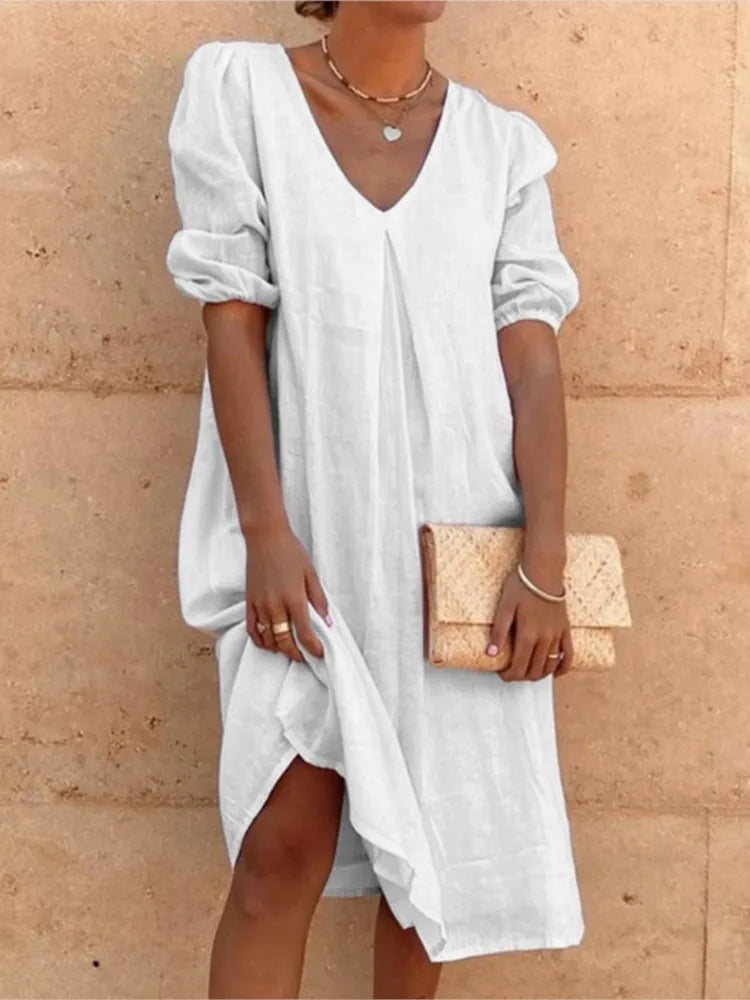 Women's Midi Dress – Relaxed Fit – V-Neck – Puff Sleeves – Light and Breathable
