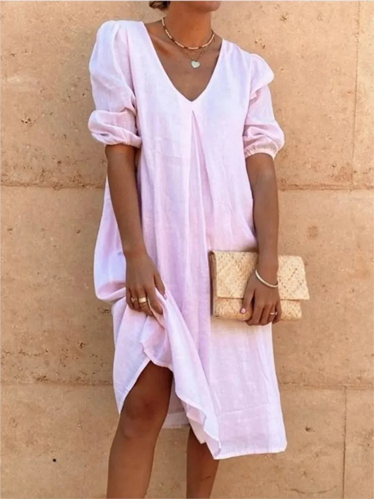 Women's Midi Dress – Relaxed Fit – V-Neck – Puff Sleeves – Light and Breathable