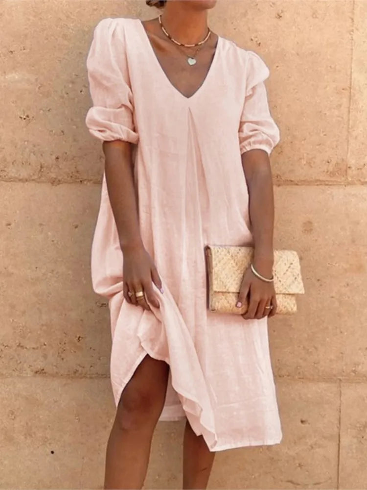 Women's Midi Dress – Relaxed Fit – V-Neck – Puff Sleeves – Light and Breathable