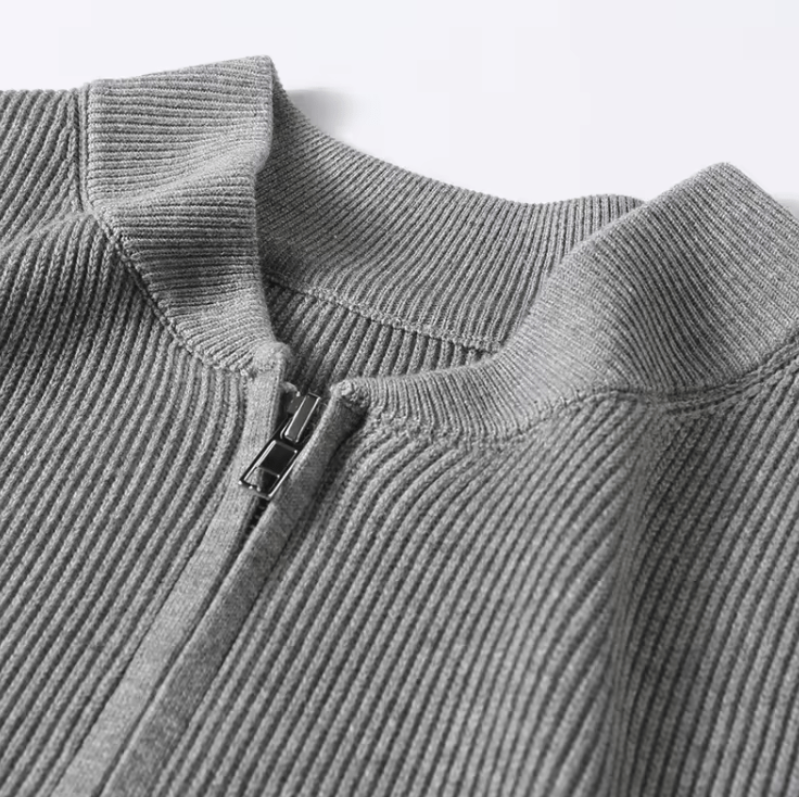 Men's Cardigan - Ribbed Knit - Zipper Closure - High Neck - Long Sleeves