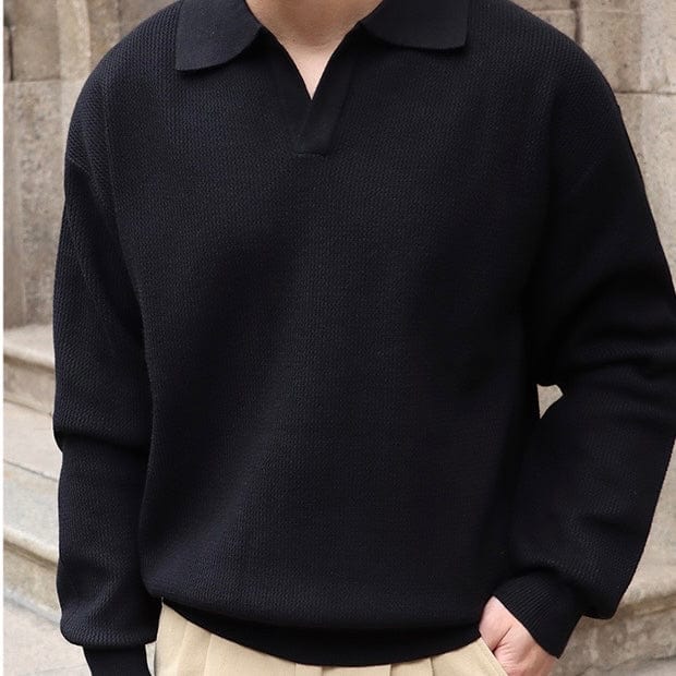 Men's Sweater in Knit - Polo Collar with V-Neck - Ribbed Cuffs - Breathable and Soft