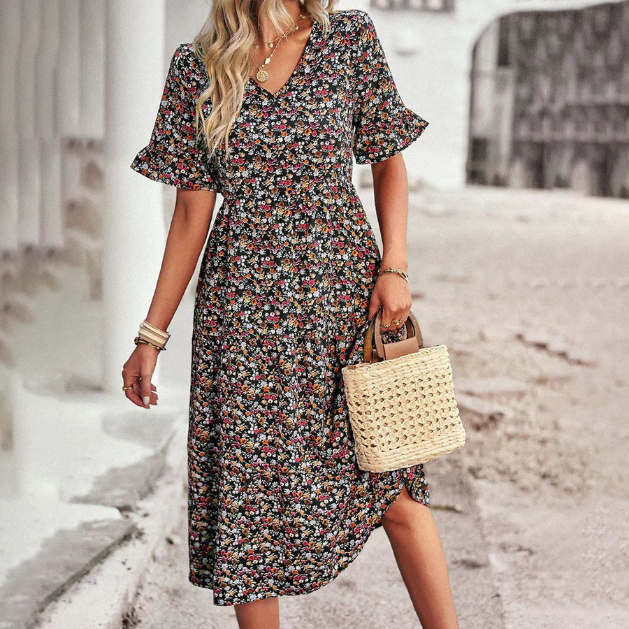 Women's Midi Dress – Relaxed Fit – V-Neck – Ruffle Sleeves – Lightweight and Breathable