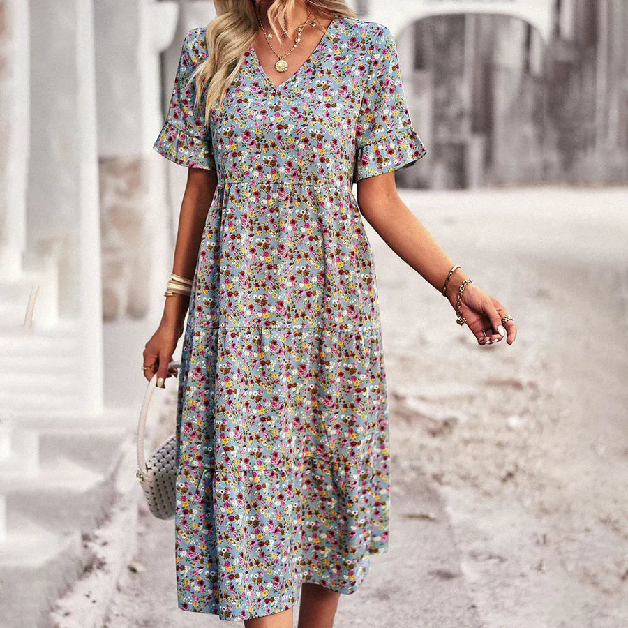 Women's Midi Dress – Relaxed Fit – V-Neck – Ruffle Sleeves – Lightweight and Breathable
