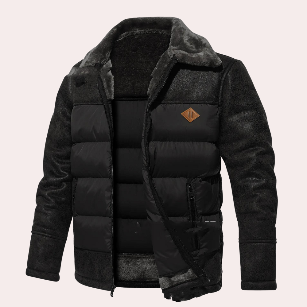Men’s Jacket - Mixed Material - Hip Length - Stand Collar - Quilted Design