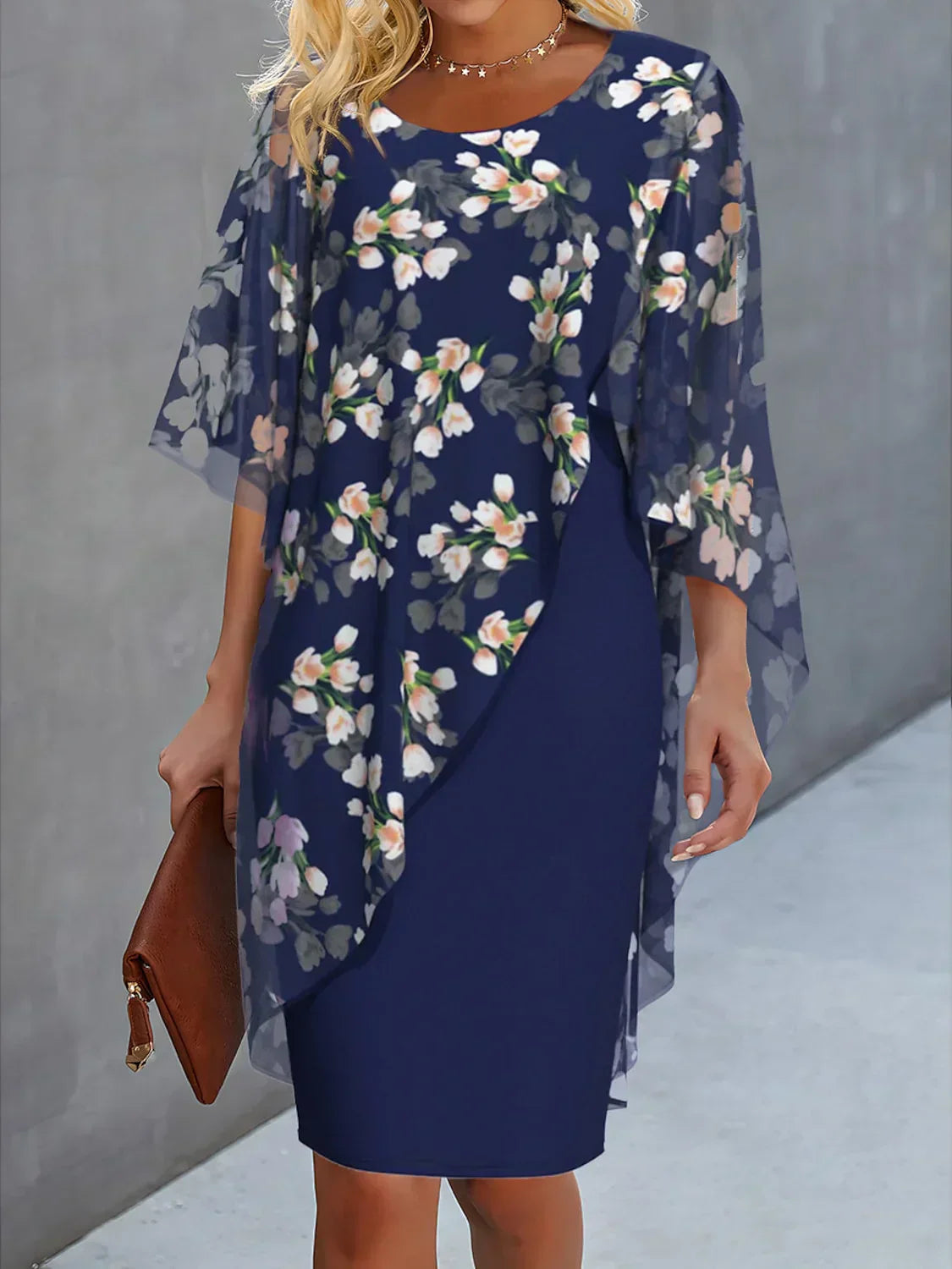 Women's Dress – Relaxed Fit – A-line Cut – Chiffon – Asymmetric Floral Pattern