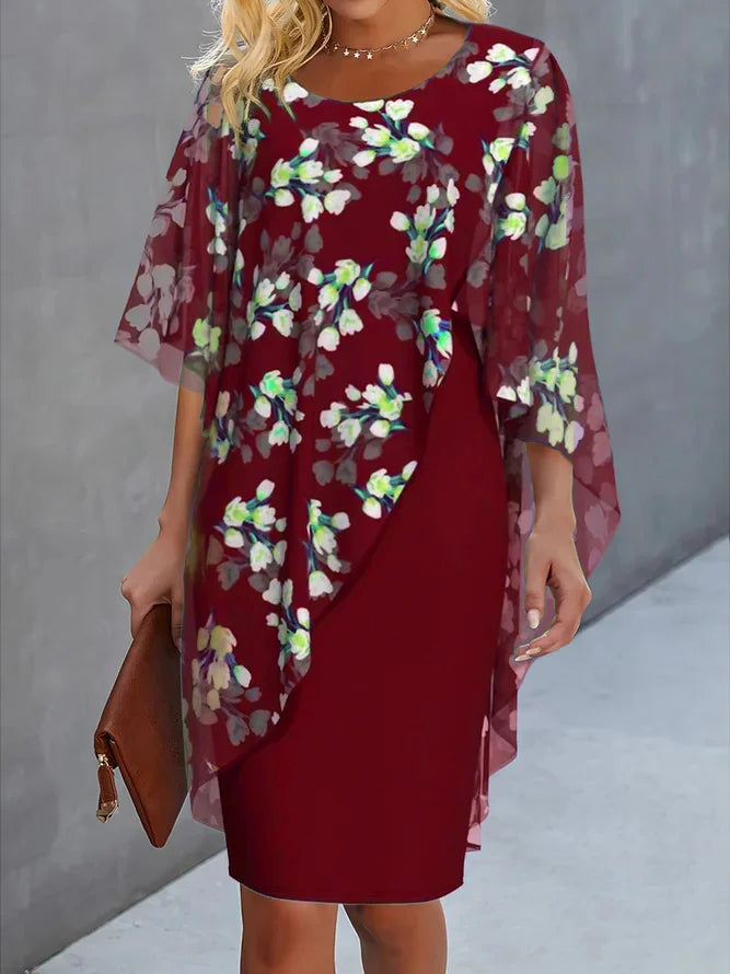 Women's Dress – Relaxed Fit – A-line Cut – Chiffon – Asymmetric Floral Pattern