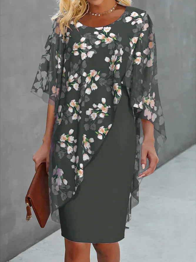 Women's Dress – Relaxed Fit – A-line Cut – Chiffon – Asymmetric Floral Pattern