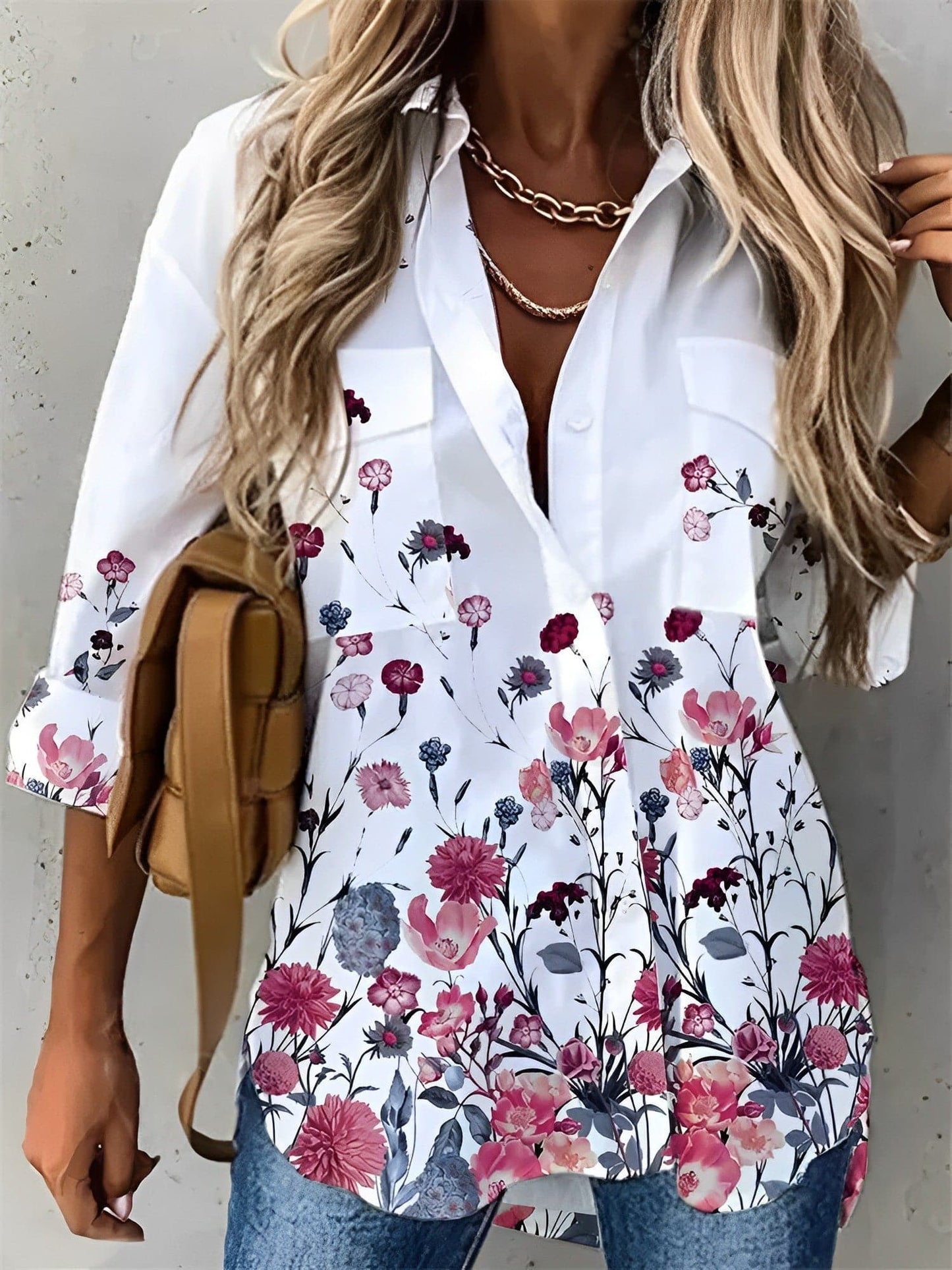 Dame Skjortebluse - Åndbar Bomuld - Afslappet Pasform - Blomsterprint - Knaplukning