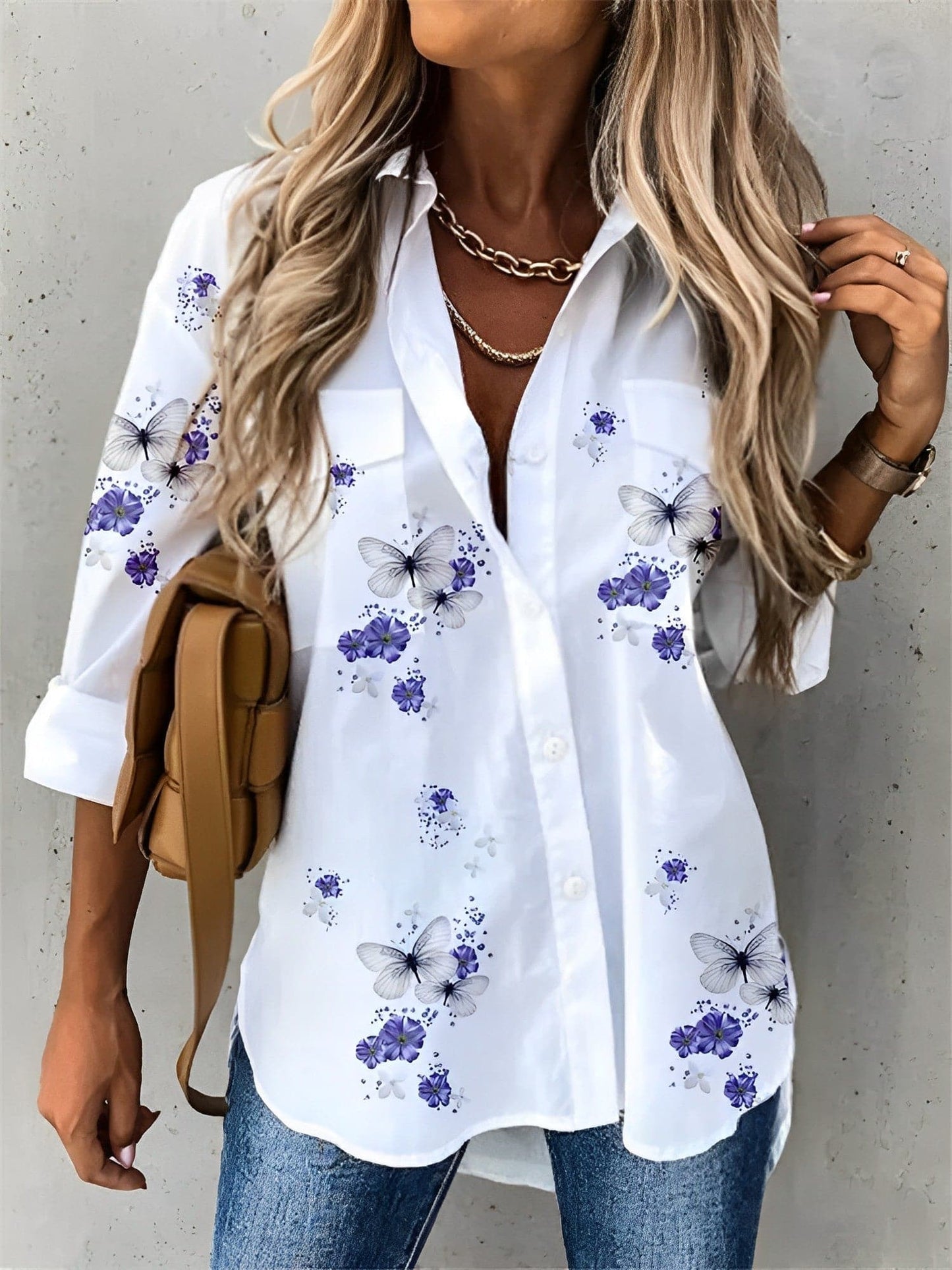 Dame Skjortebluse - Åndbar Bomuld - Afslappet Pasform - Blomsterprint - Knaplukning