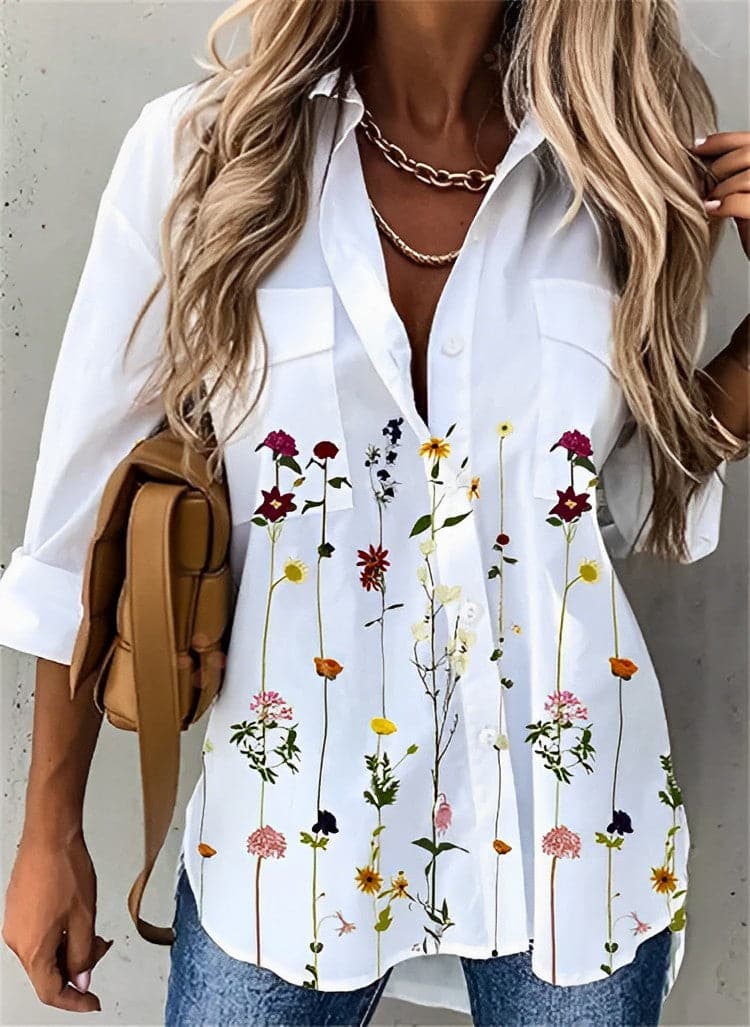 Dame Skjortebluse - Åndbar Bomuld - Afslappet Pasform - Blomsterprint - Knaplukning