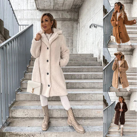 Women's Long Coat - Soft Teddy Fleece - Hood & Button Closure - Loose Fit