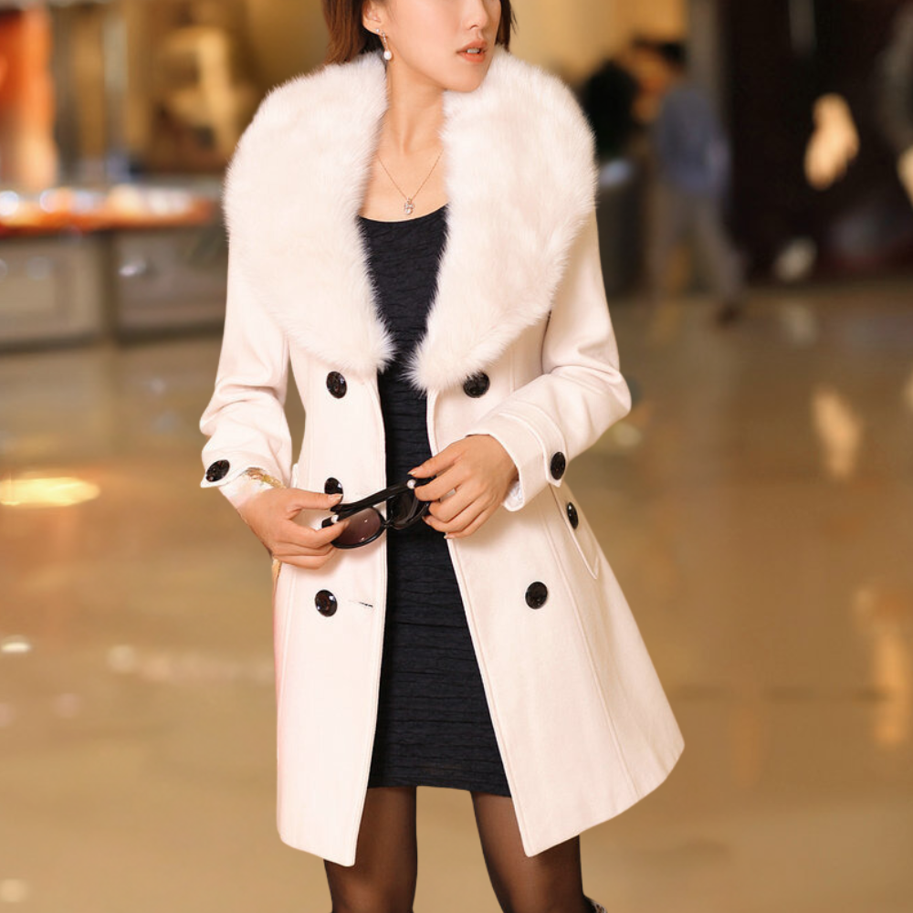 Women's Coat - Wool Blend - Double Breasted - Faux Fur Collar - Tailored Fit