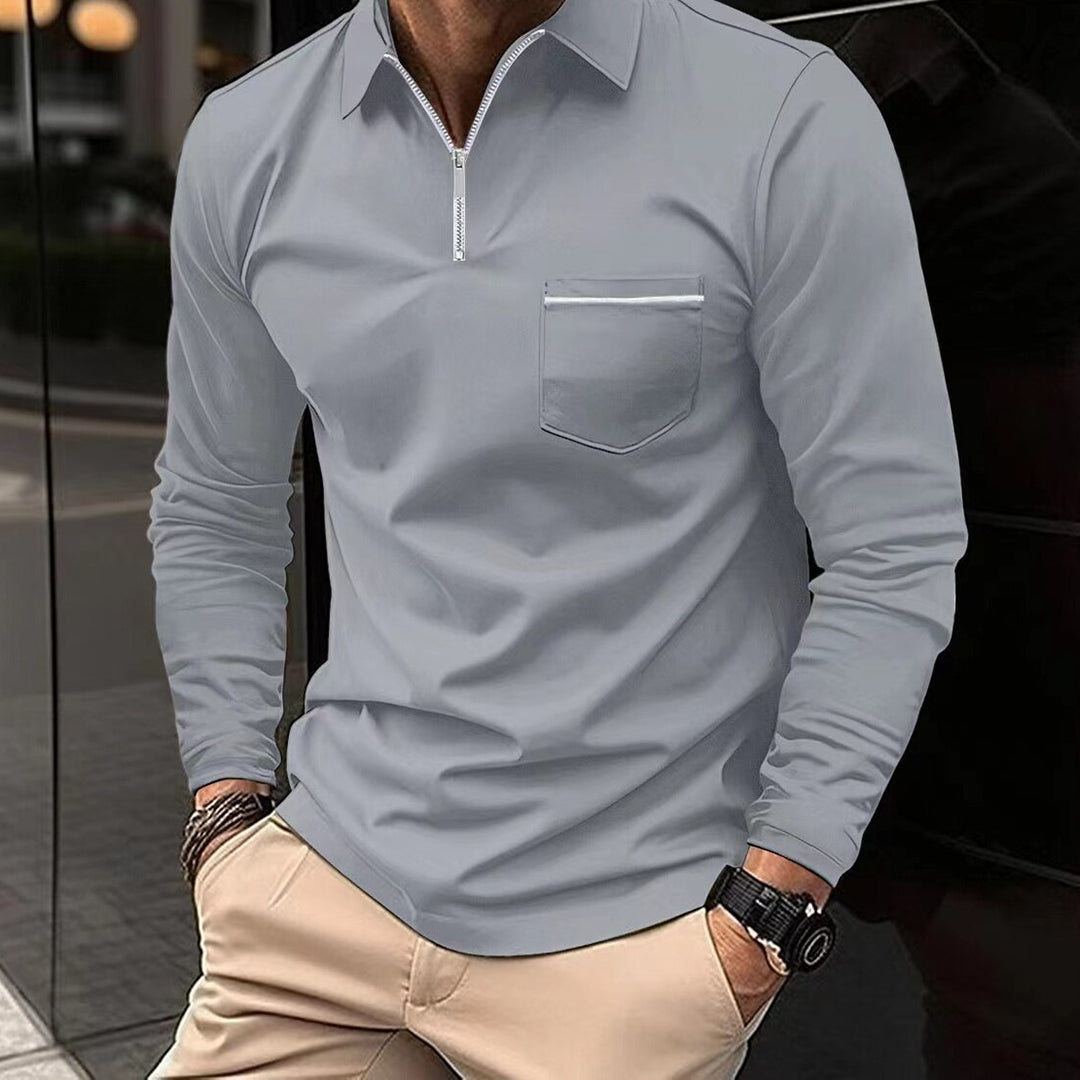 Herre Poloshirt - Langærmet - Halv Lynlås - Brystlomme - Klassisk Krave