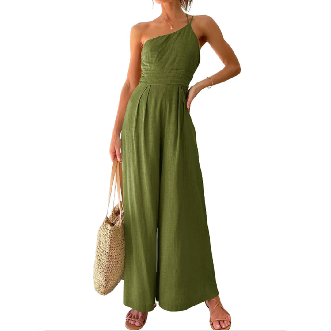 Women's Jumpsuit - One-Shoulder - Wide Legs - Sleeveless - Elegant and Comfortable