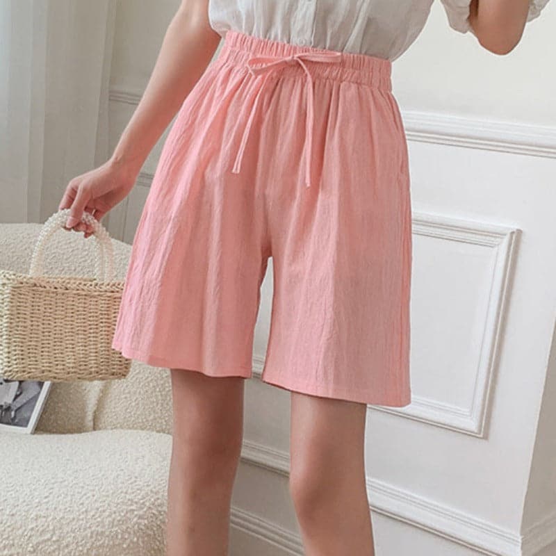 Women's Shorts - High-Waisted - Elastic Waistband & Drawstring - Loose Fit - Knee-Length With Side Pockets