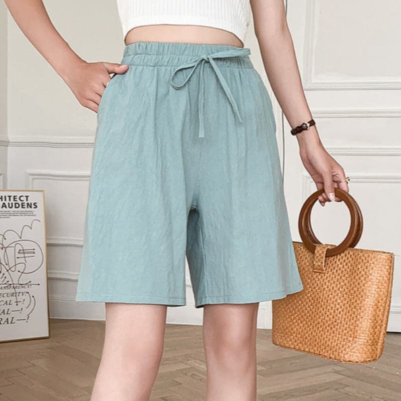 Women's Shorts - High-Waisted - Elastic Waistband & Drawstring - Loose Fit - Knee-Length With Side Pockets